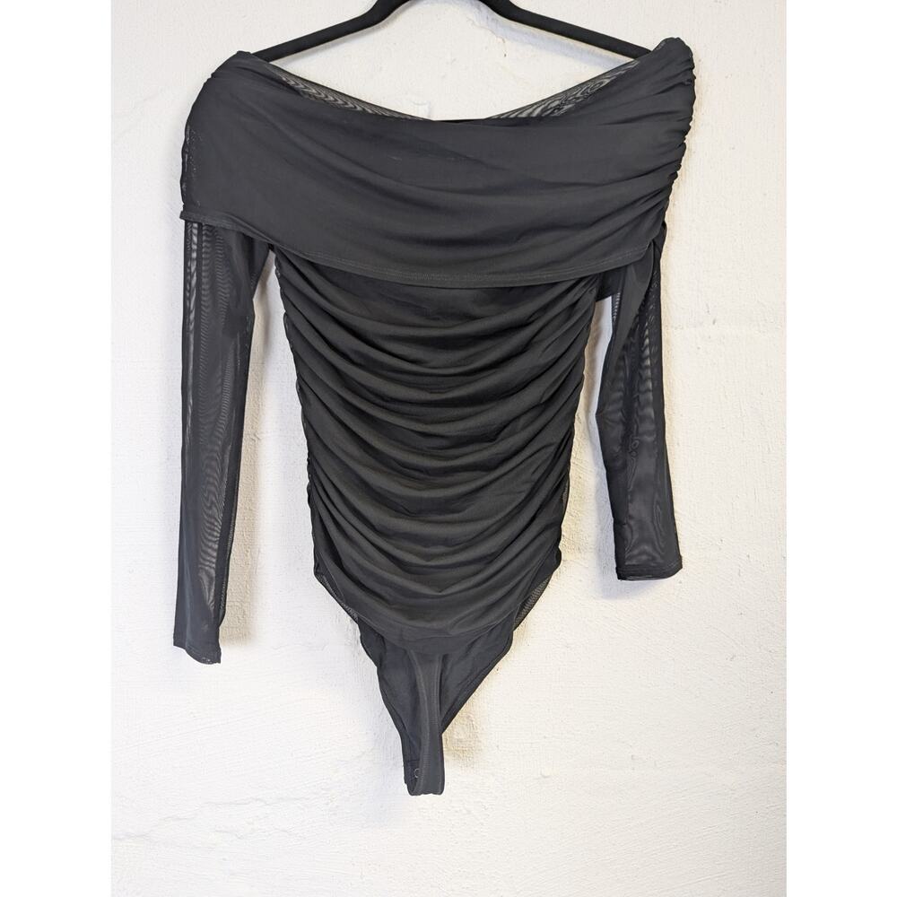Abercrombie & Fitch Mesh Foldover Bodysuit Sheer Long Sleeve Black Ruching Med - Picture 2 of 6
